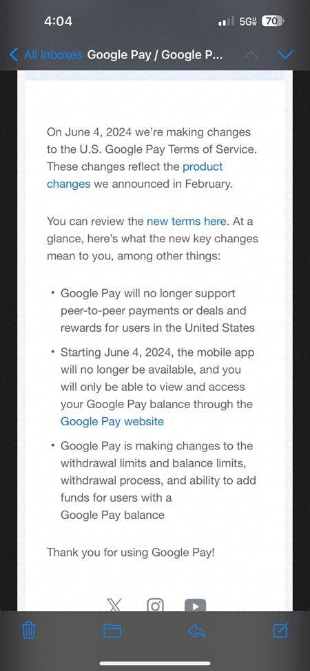 谷歌通知Google Pay用戶,該服務6月4日關閉